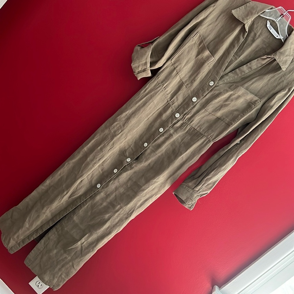 Zara Maxi Khaki Linen Shirtdress w/Long Sleeves